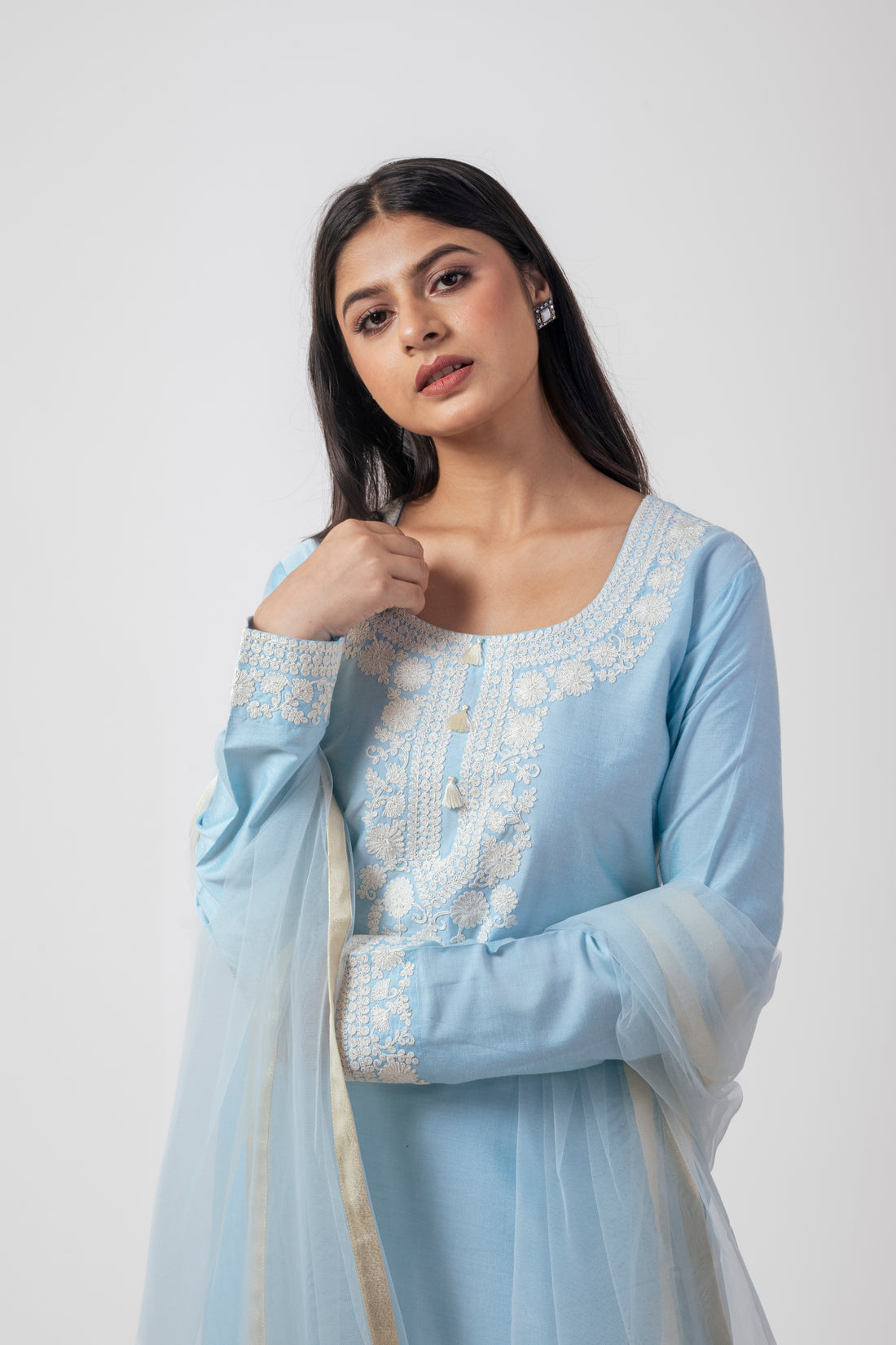 Sea Blue Embroidered Suit Set with Dupatta