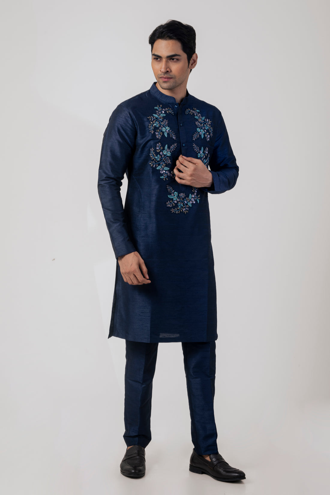 Navy Blue Modern Kurta Pant set with Zardozi Embroidery and Petal Work