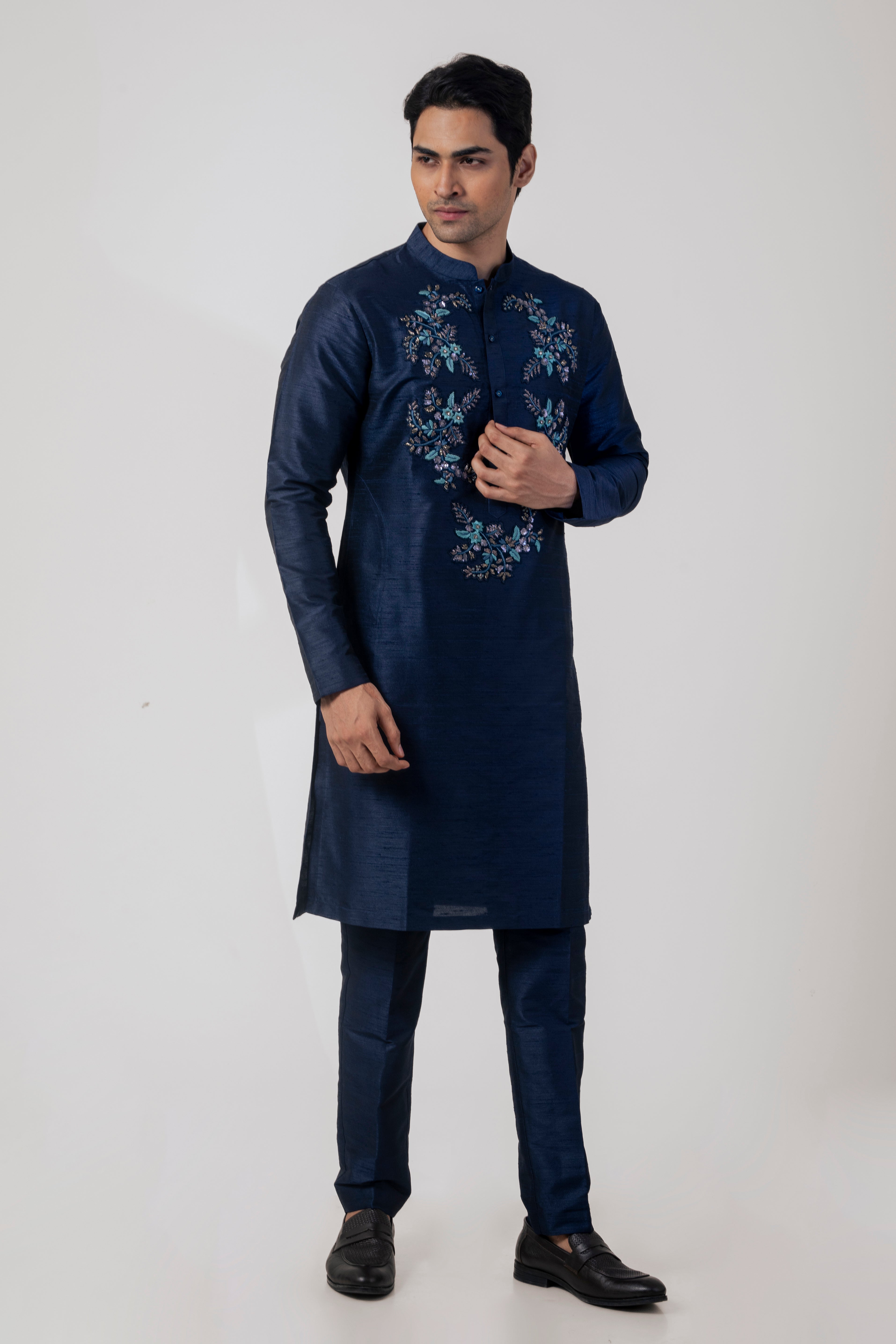 Navy Blue Modern Kurta Pajama with Zardozi Embroidery and Petal Work