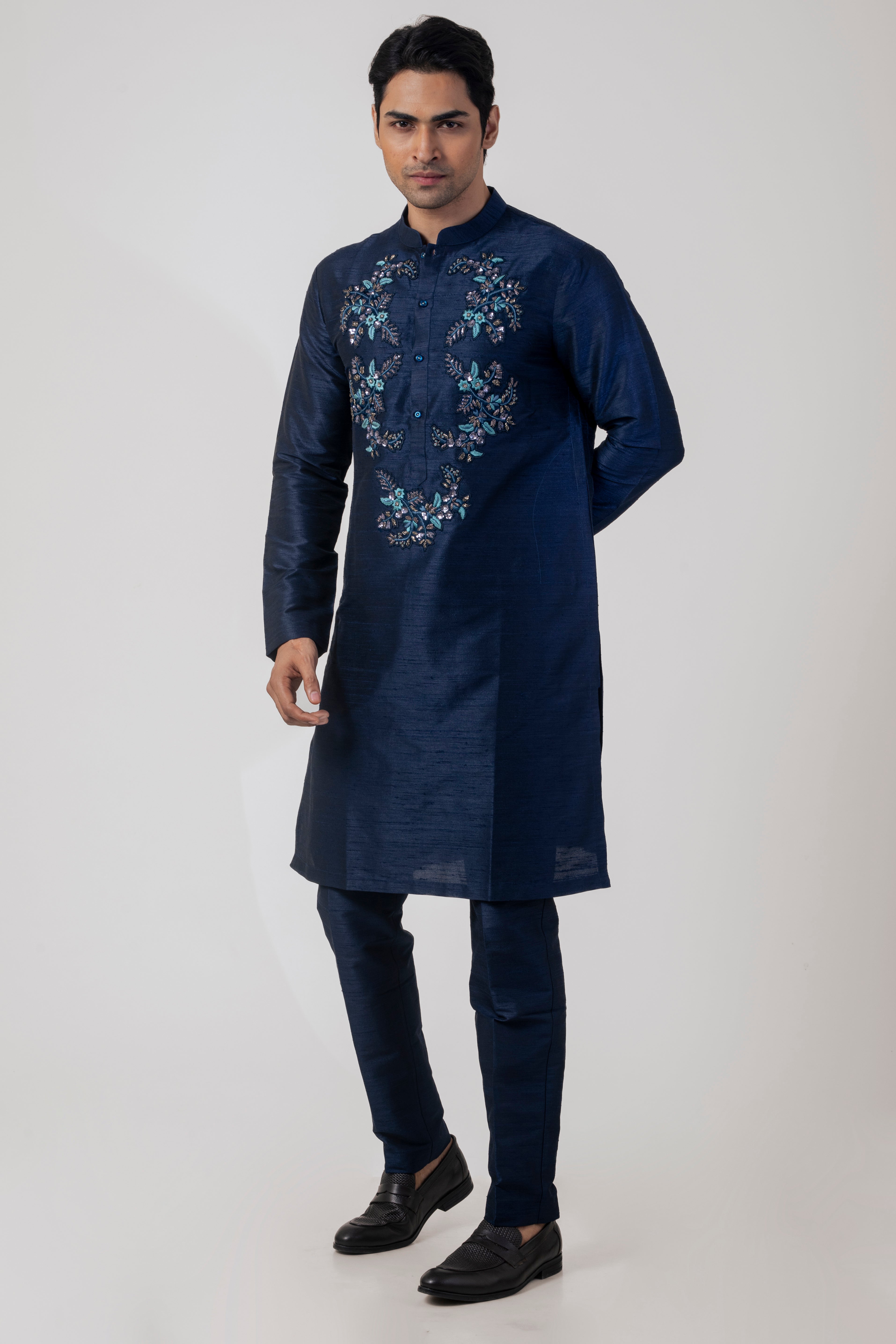 Navy Blue Modern Kurta Pajama with Zardozi Embroidery and Petal Work