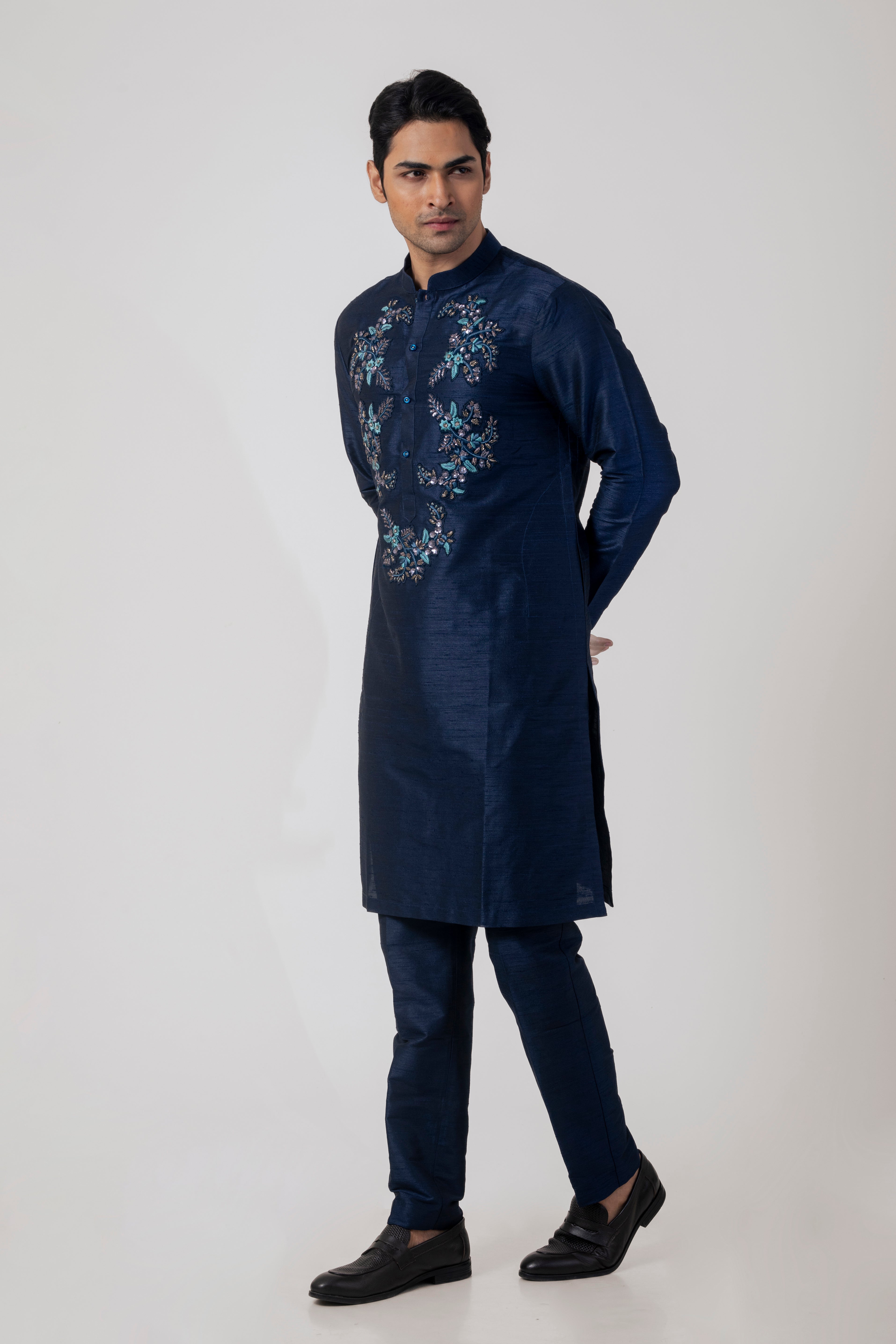 Navy Blue Modern Kurta Pajama with Zardozi Embroidery and Petal Work