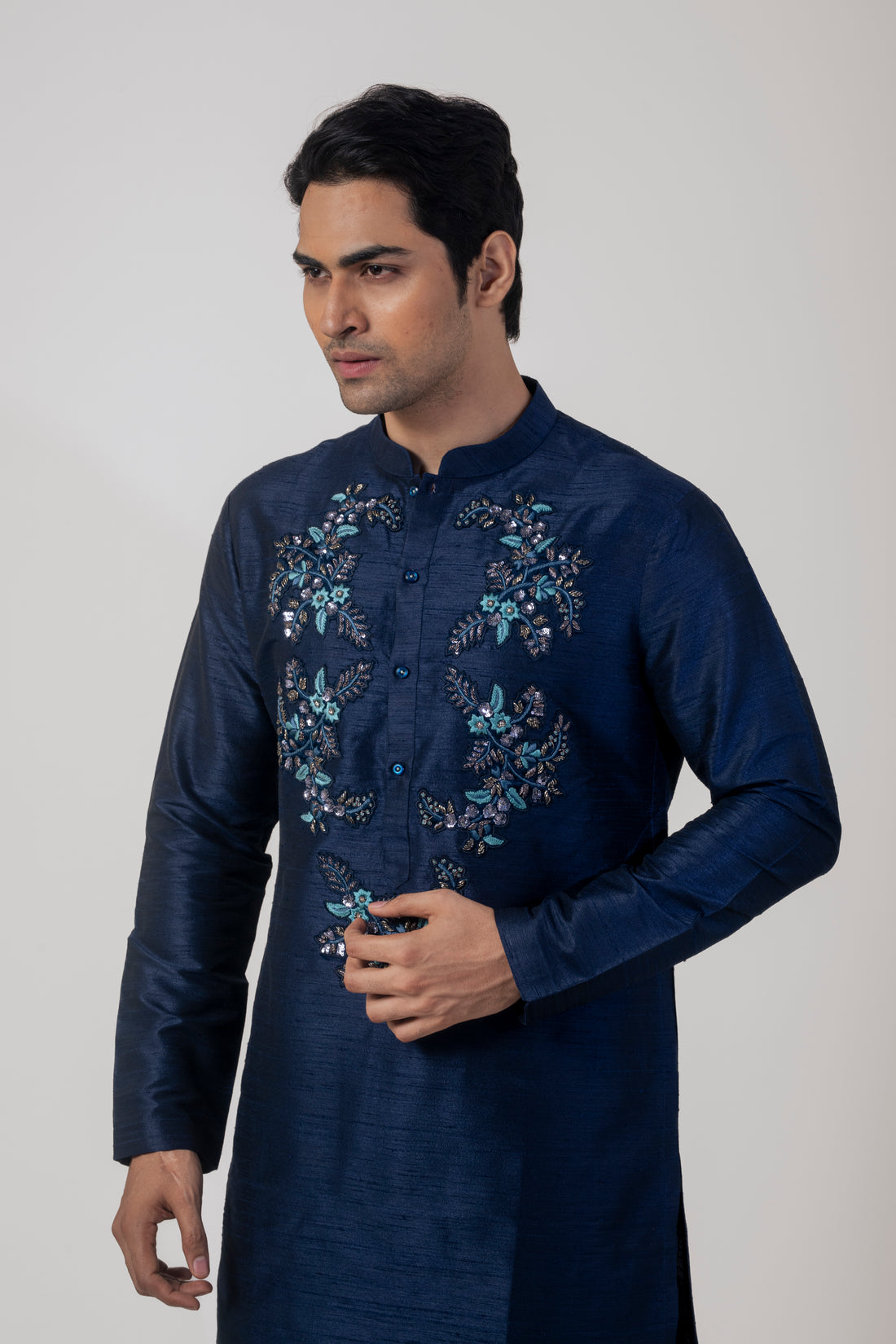 Navy Blue Modern Kurta Pant set with Zardozi Embroidery and Petal Work