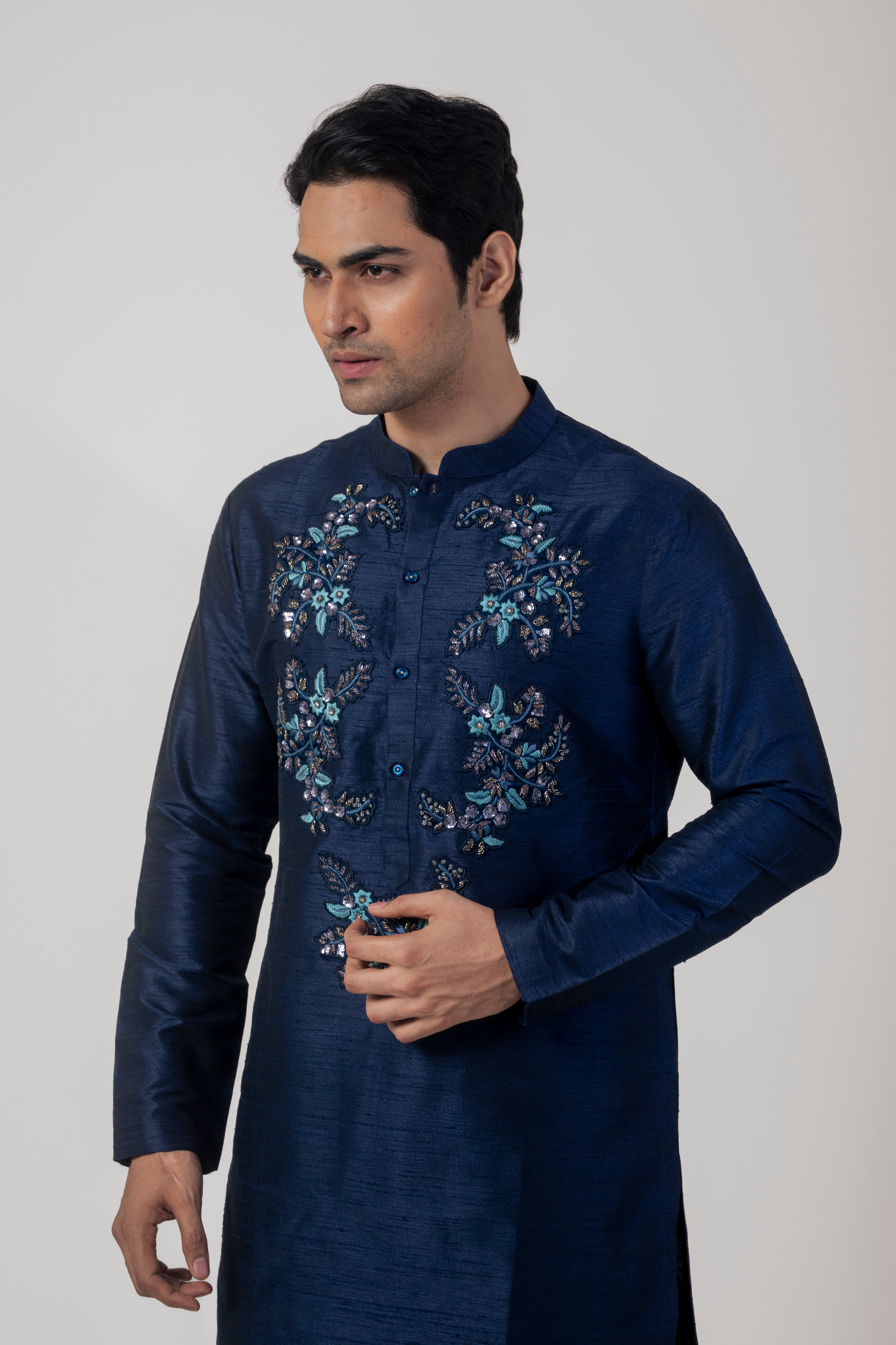 Navy Blue Modern Kurta Pajama with Zardozi Embroidery and Petal Work