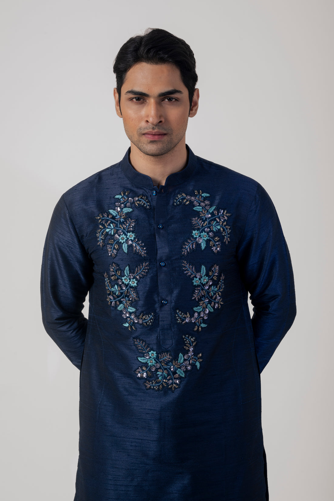 Navy Blue Modern Kurta Pant set with Zardozi Embroidery and Petal Work