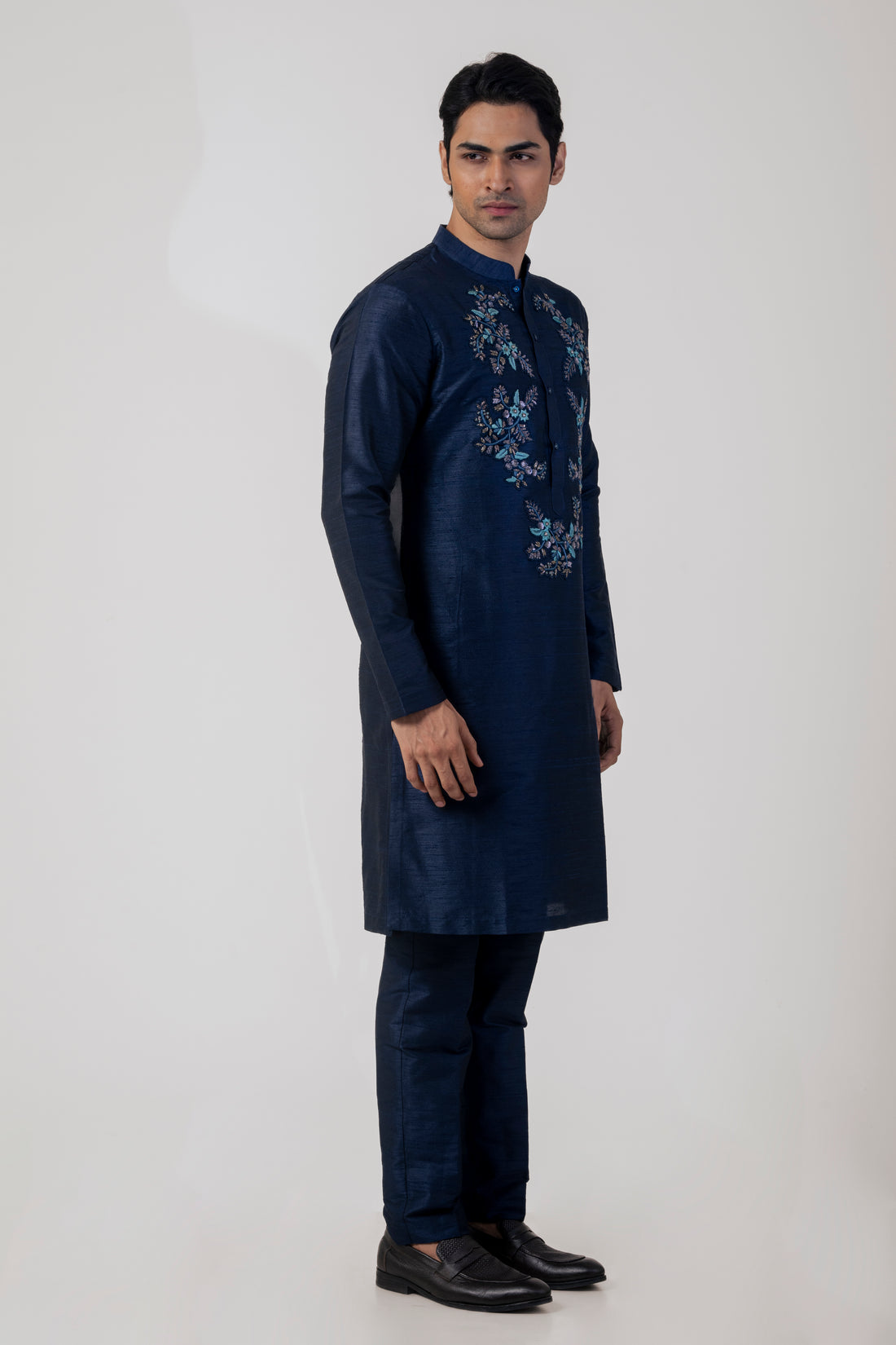 Navy Blue Modern Kurta Pajama with Zardozi Embroidery and Petal Work