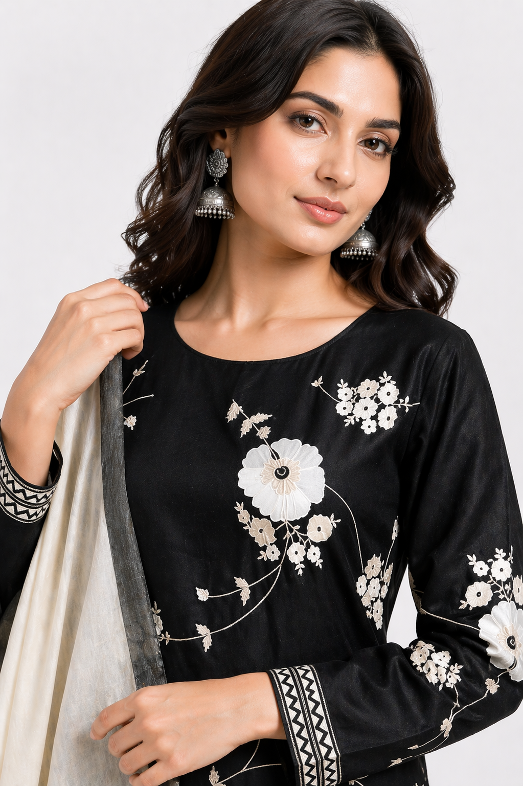 Black Raw Silk Kurti Set with Pant & Off White Stole Dupatta