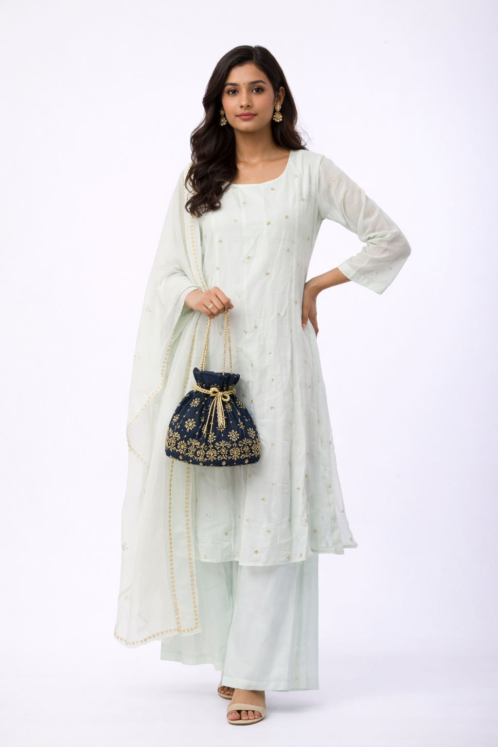 Ice Blue Viscose Anarkali Set with Button Dori Embroidery & Flare Pant