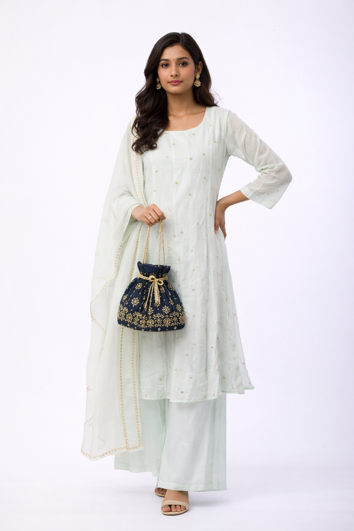 Ice Blue Viscose Anarkali Set with Button Dori Embroidery & Flare Pant