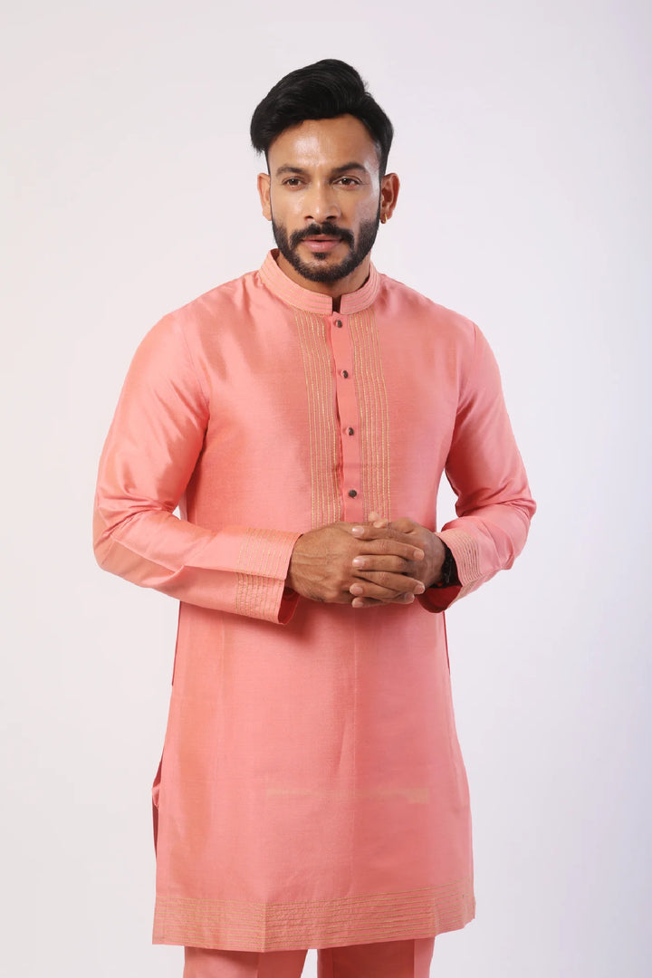 Coral Pink Anchoring Work Kurta with Pant set