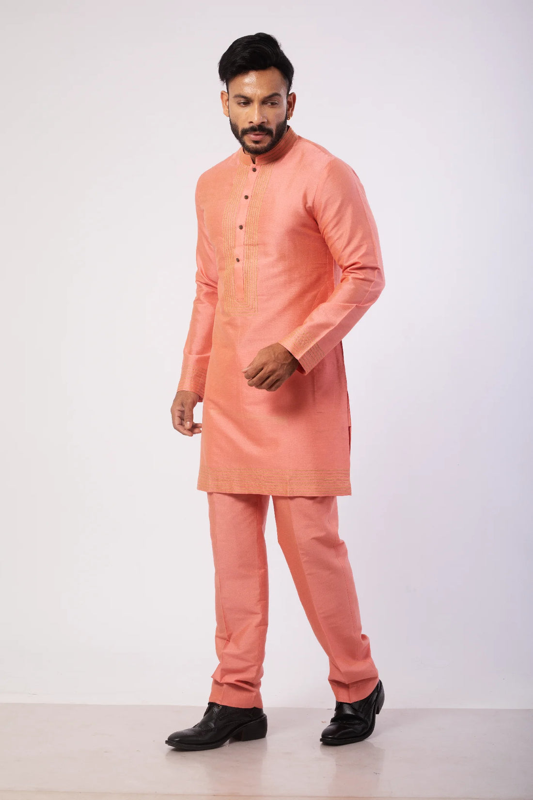 Coral Pink Anchoring Work Kurta with Pant set