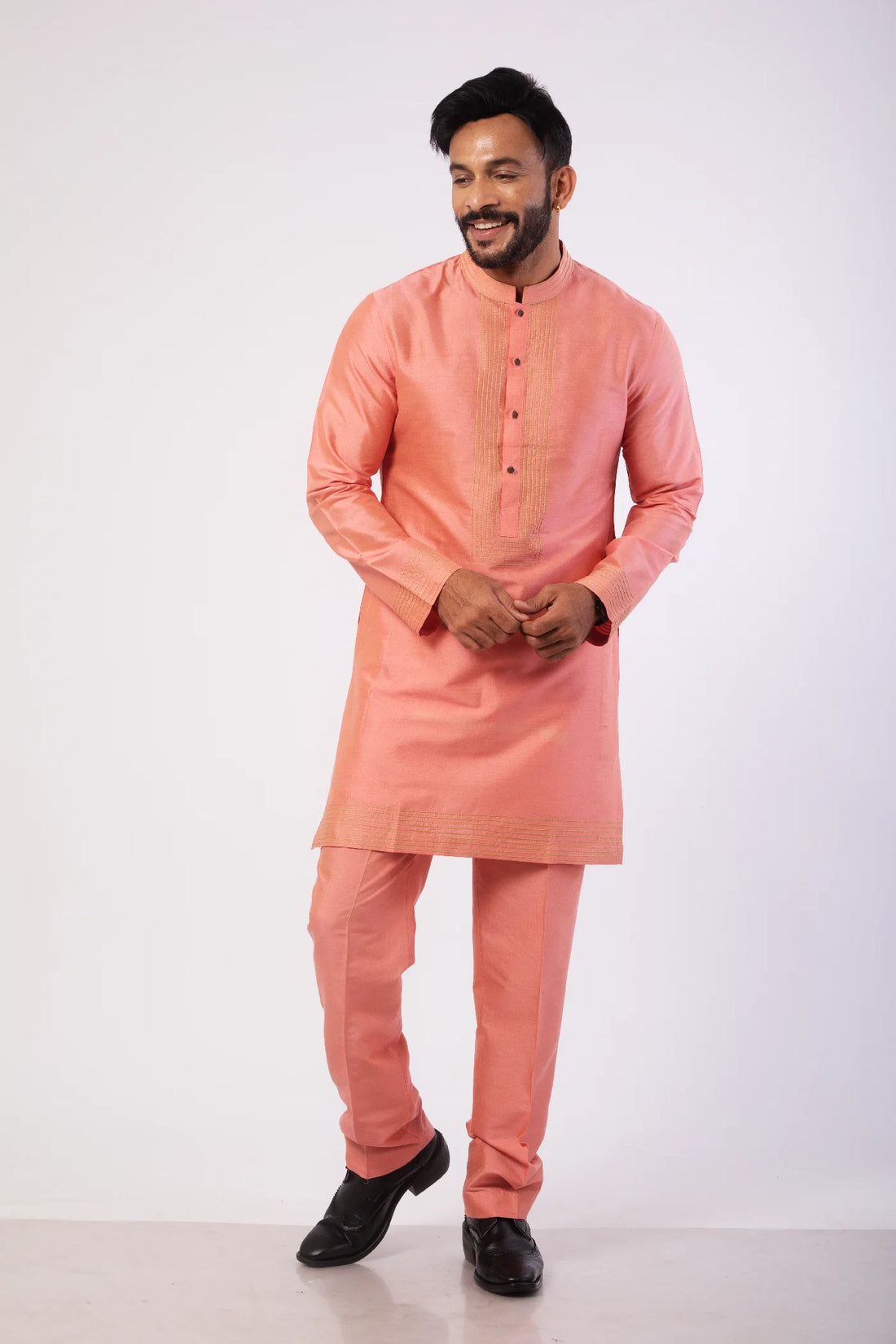 Coral Pink Anchoring Work Kurta with Pant set