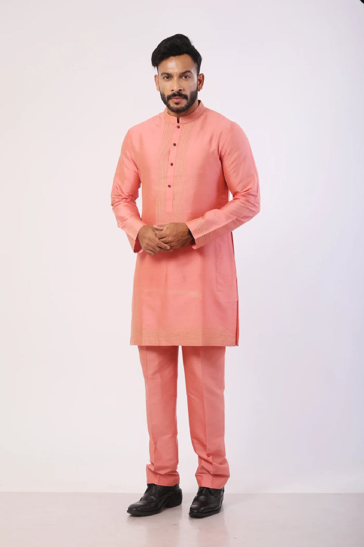 Coral Pink Anchoring Work Kurta with Pant set