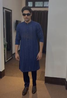 Navy Blue Georgette Kurta Set with Straight Pant – Chikankari Work