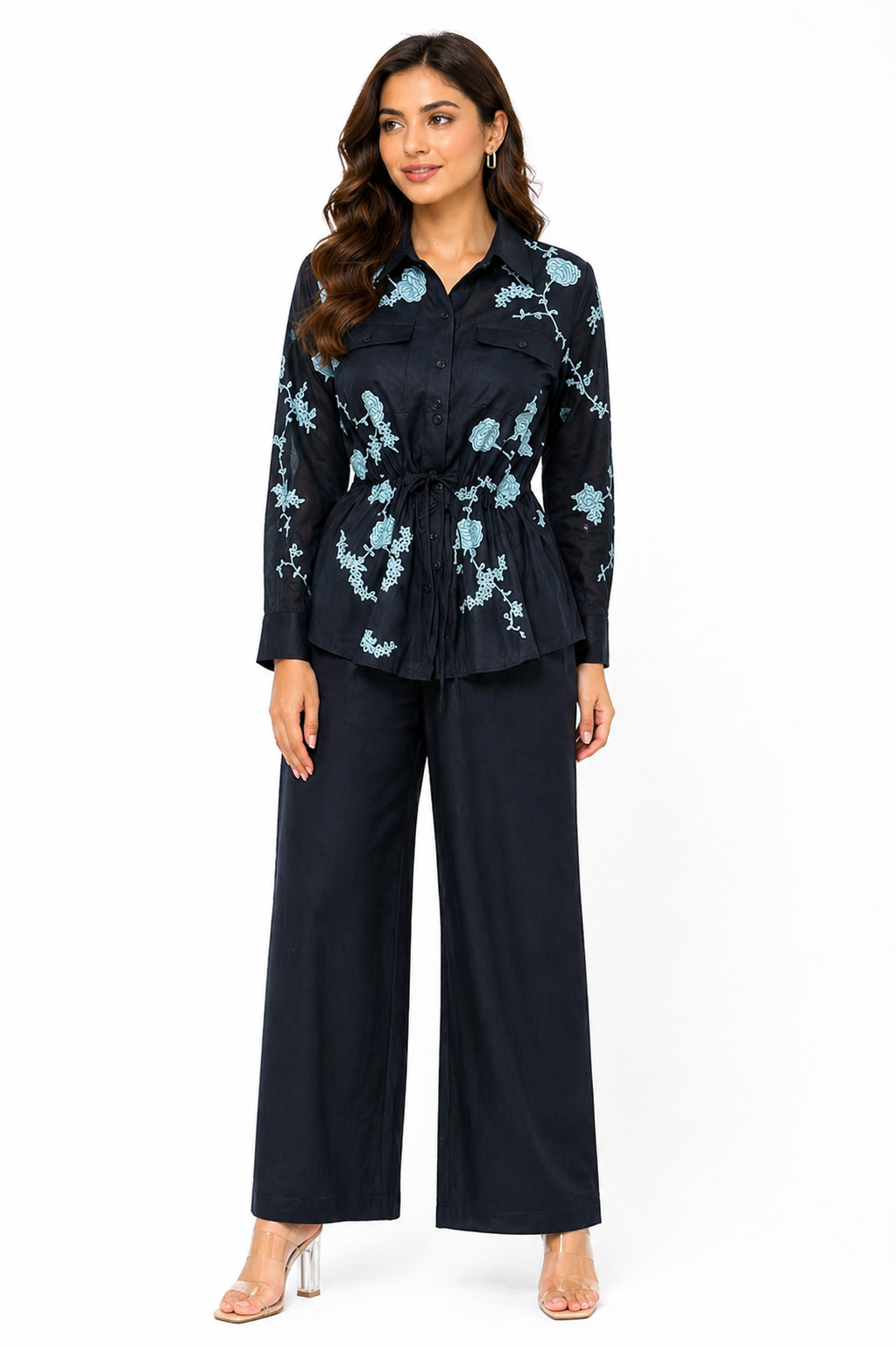 Navy Blue Cotton Satin Co-ord Set with Shirt Collar & Pant