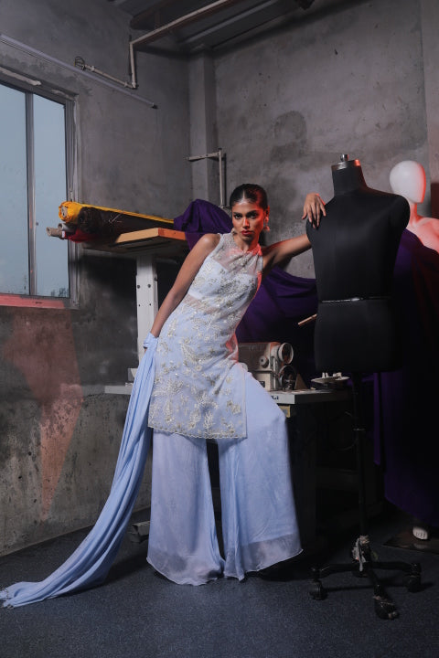 Powder Blue Net & Chinnon Kurti Set