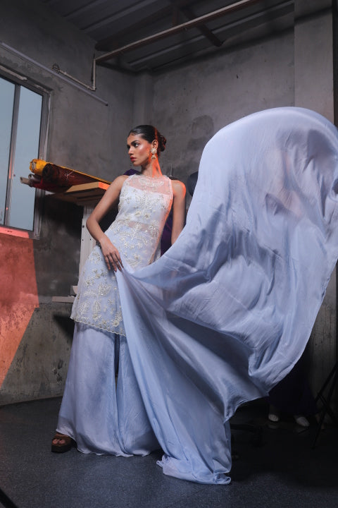 Powder Blue Net & Chinnon Kurti Set