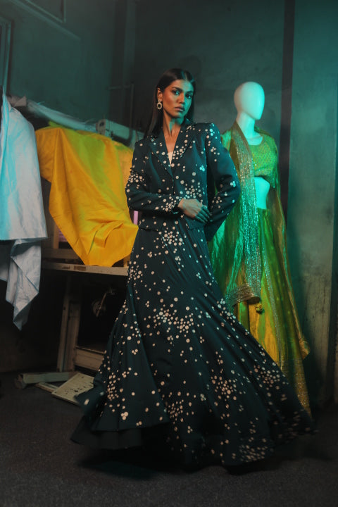 Bottle Green Katan Silk Co-Ord Set with Skirt & Blazer