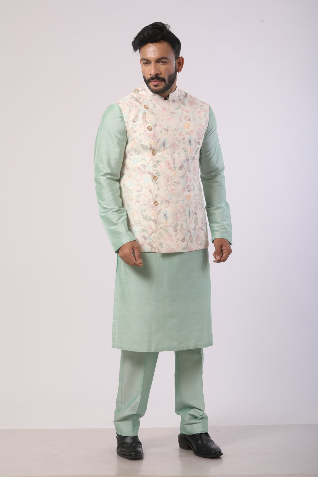 Off-White Bandhgala Jacket with Aqua Marine Kurta Set