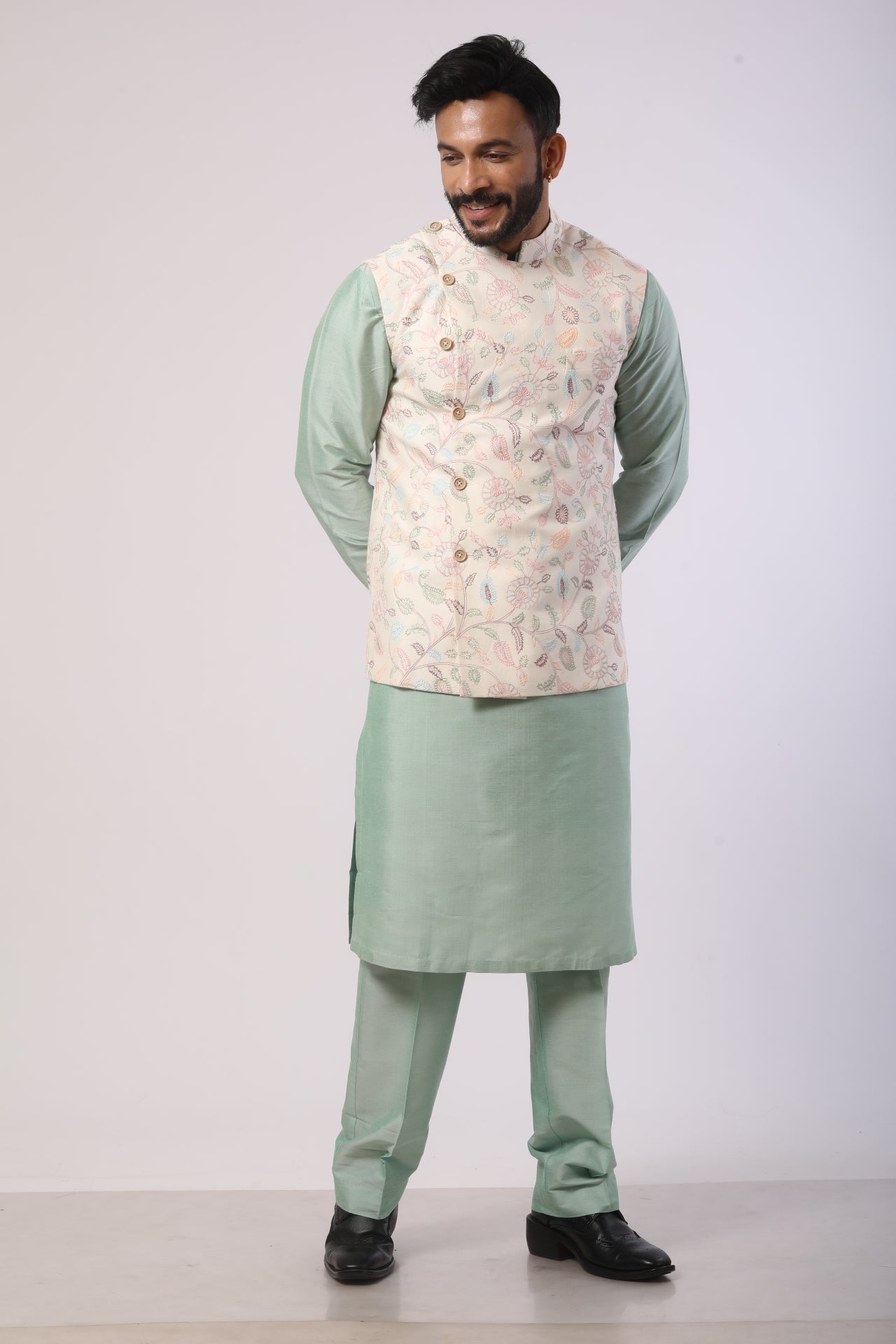 Off-White Bandhgala Jacket with Aqua Marine Kurta Set