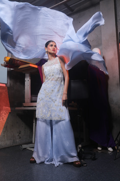 Powder Blue Net & Chinnon Kurti Set