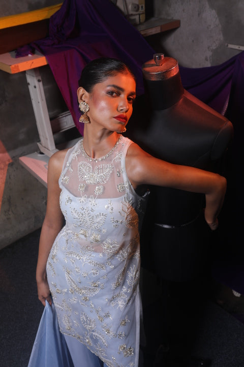 Powder Blue Net & Chinnon Kurti Set