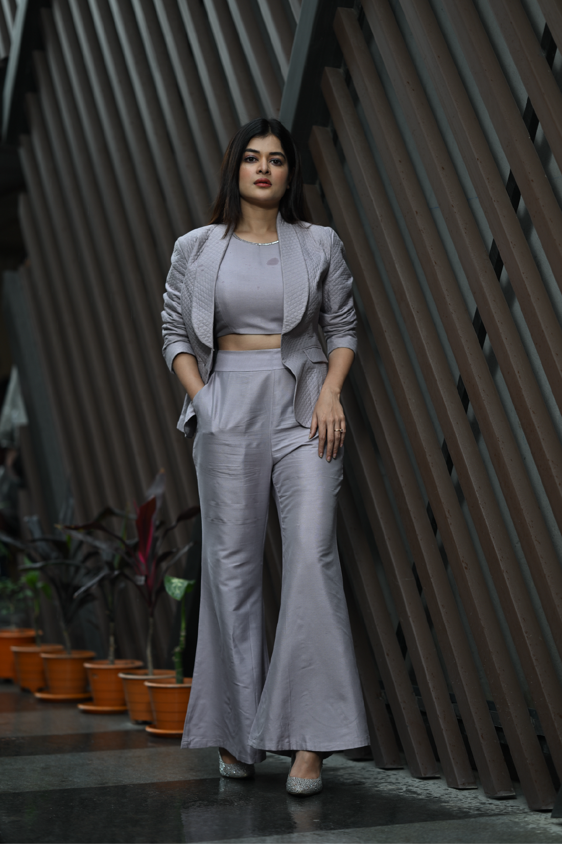 Mauve Quilted Katan Silk Co-Ord Set with Shawl Lapel Jacket