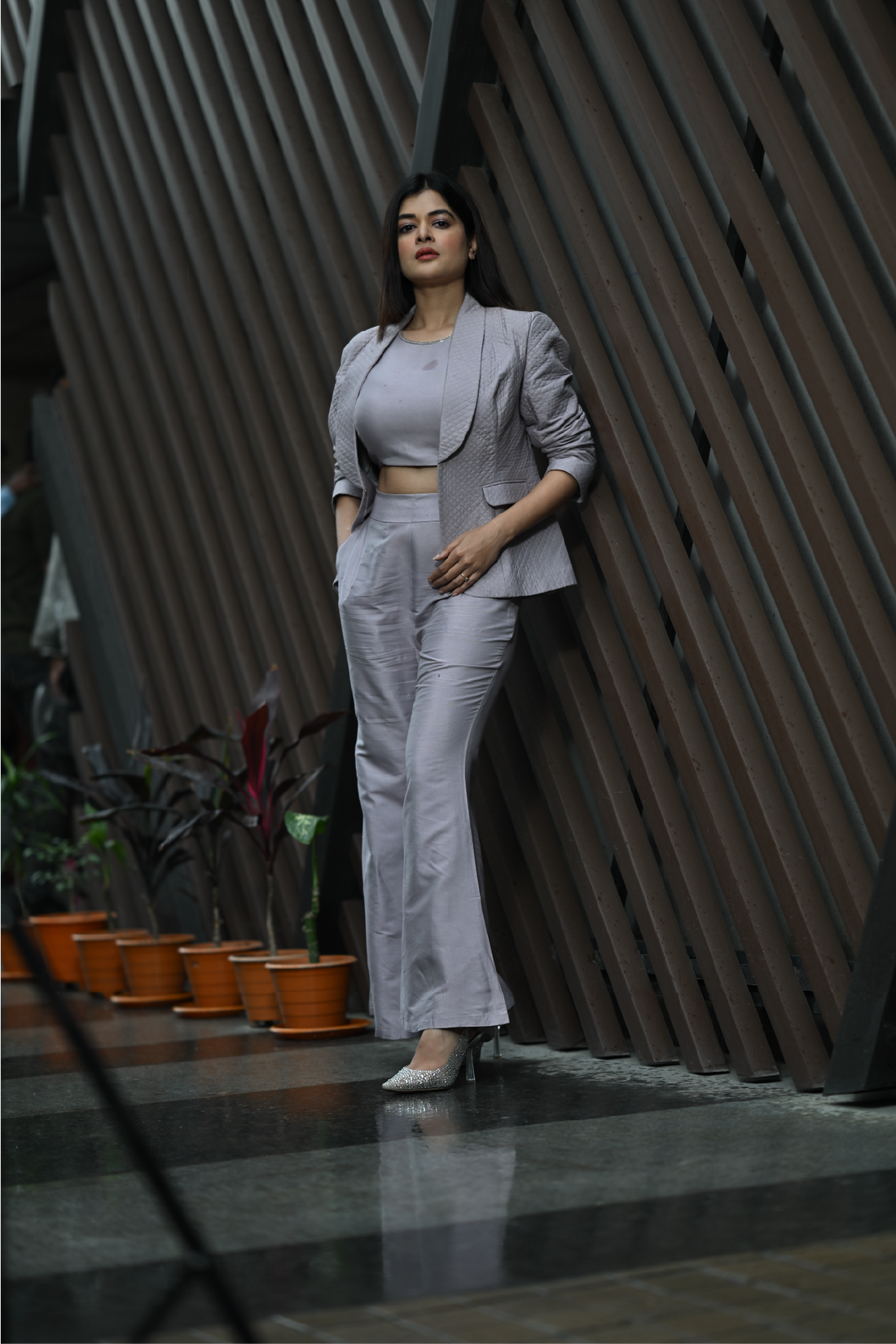 Mauve Quilted Katan Silk Co-Ord Set with Shawl Lapel Jacket