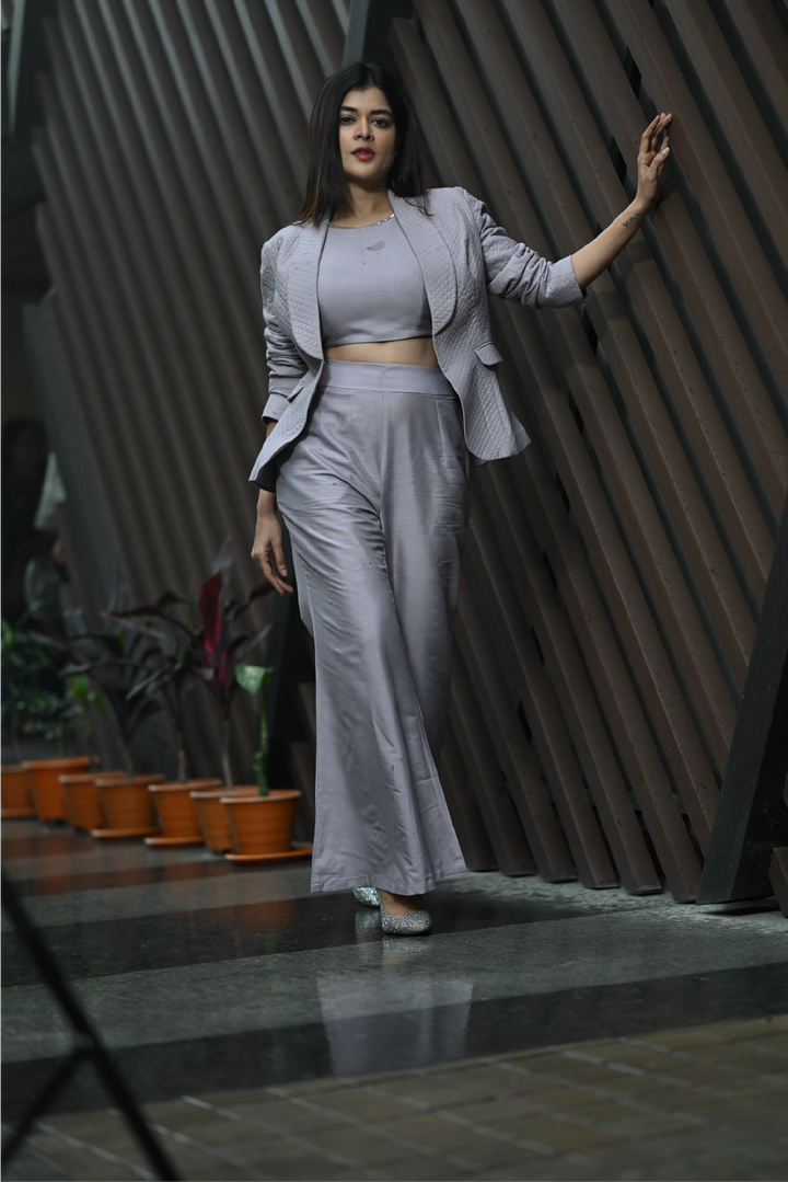 Mauve Quilted Katan Silk Co-Ord Set with Shawl Lapel Jacket