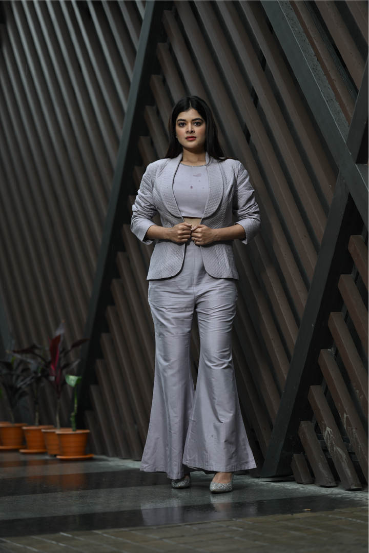 Mauve Quilted Katan Silk Co-Ord Set with Shawl Lapel Jacket