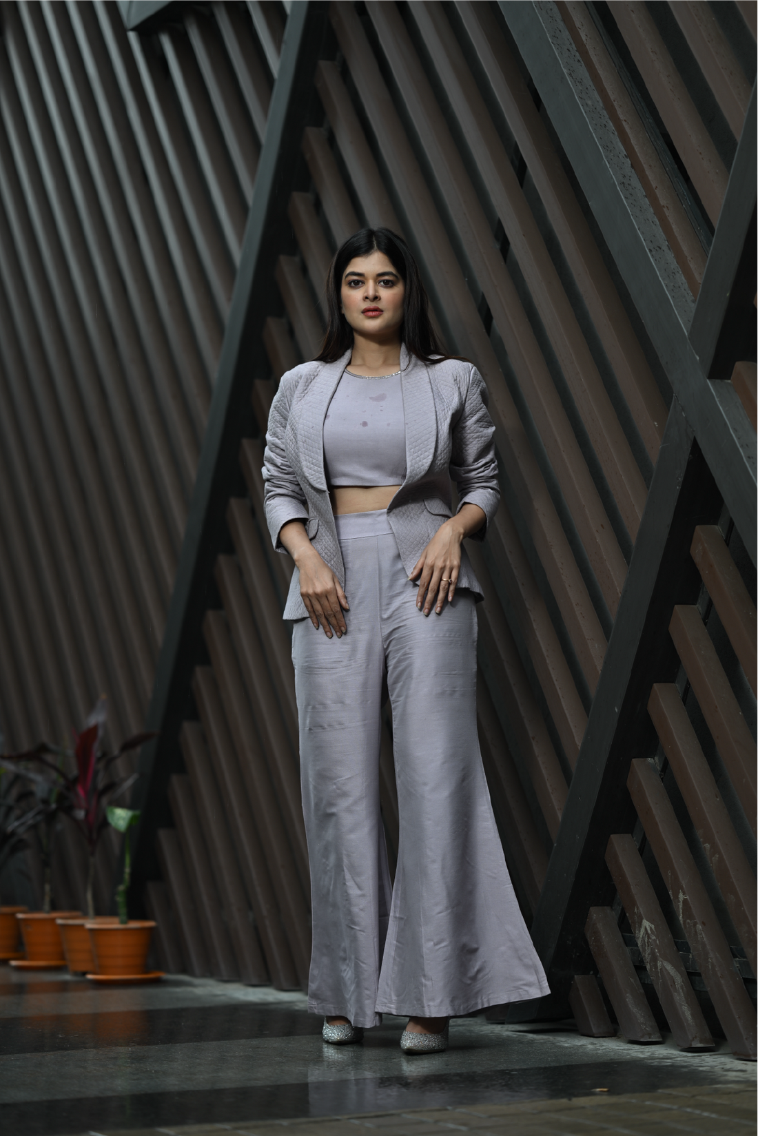 Mauve Quilted Katan Silk Co-Ord Set with Shawl Lapel Jacket