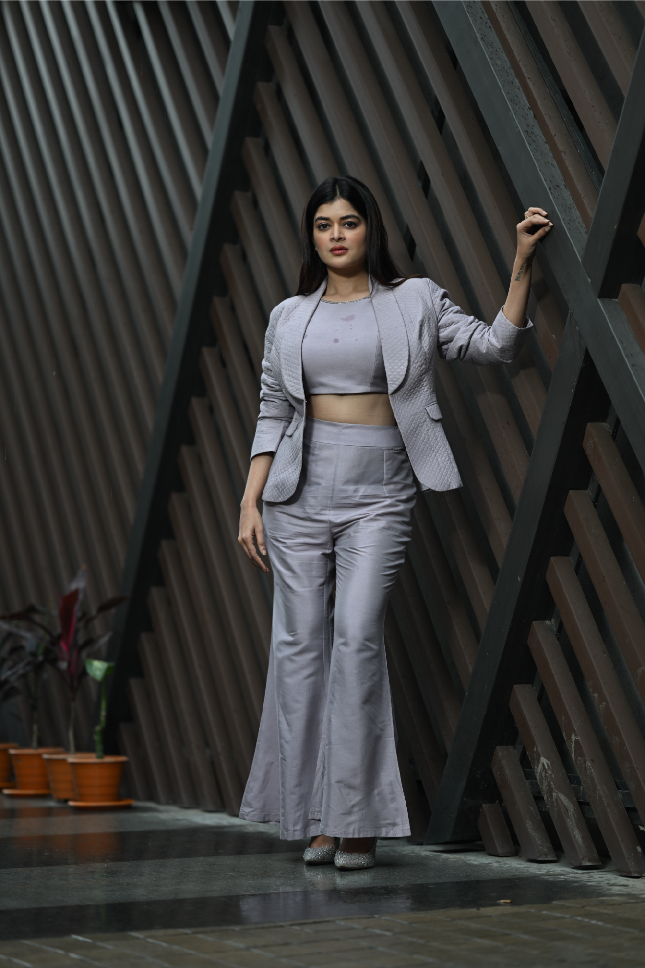 Mauve Quilted Katan Silk Co-Ord Set with Shawl Lapel Jacket