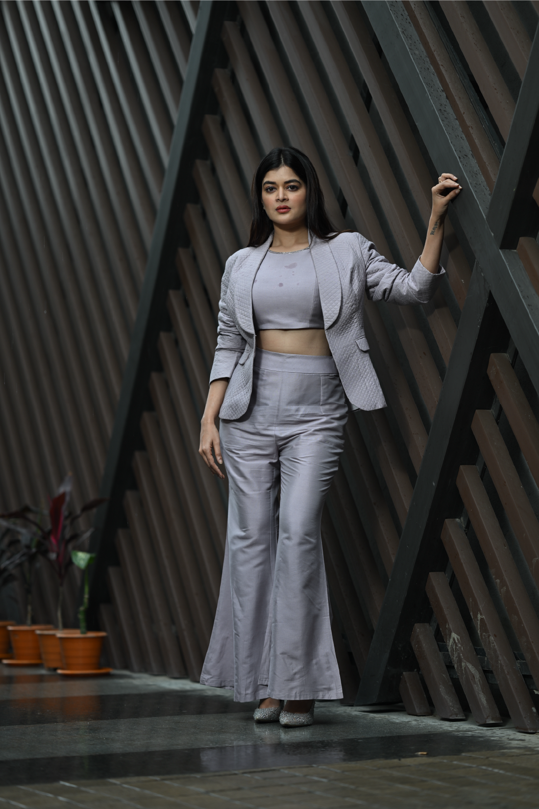 Mauve Quilted Katan Silk Co-Ord Set with Shawl Lapel Jacket