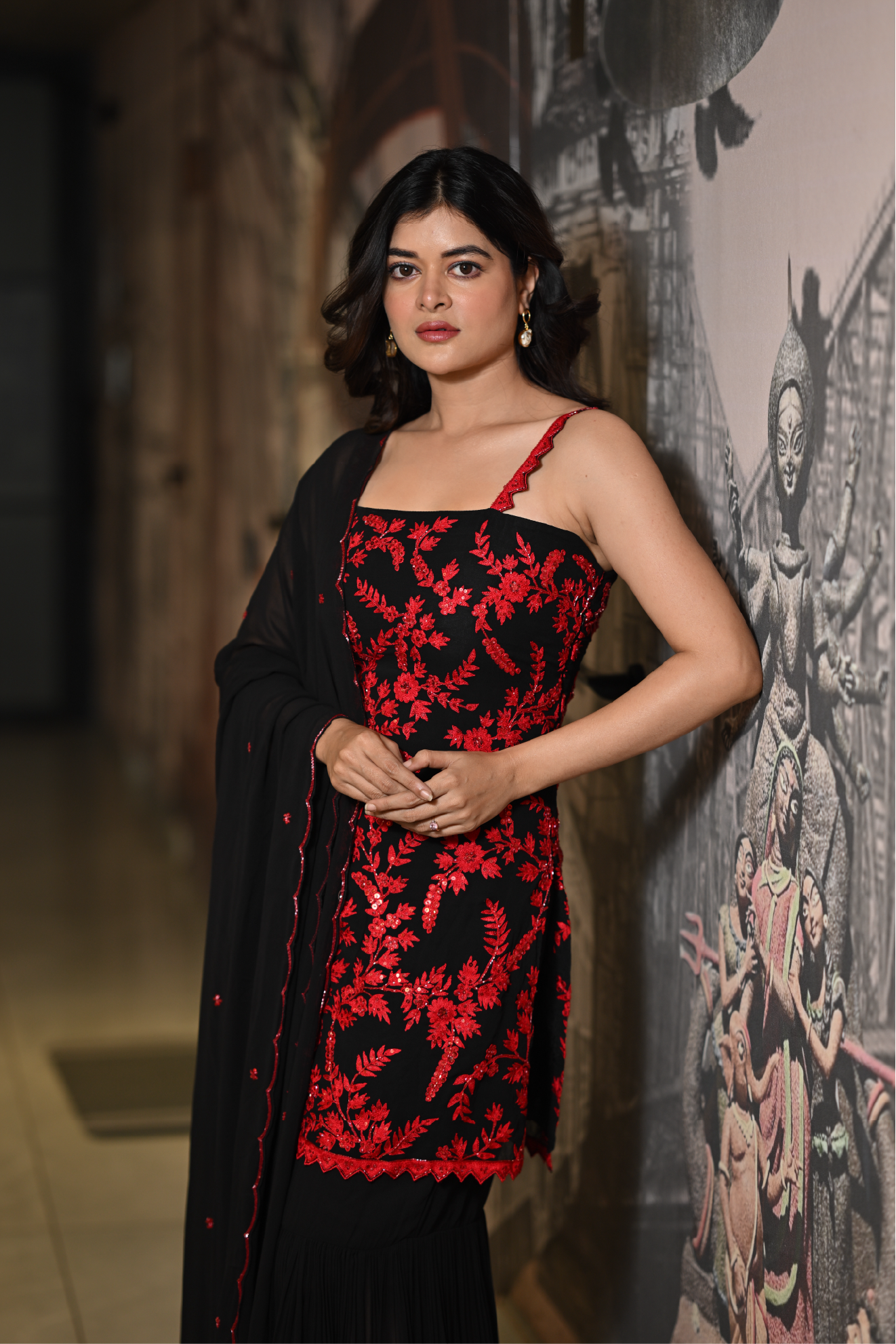 Red & Black Georgette Sharara Set with Hand Embroidery