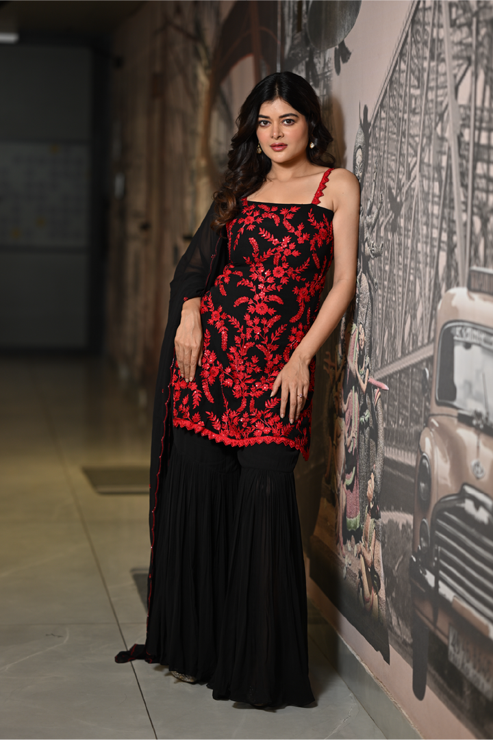 Red & Black Georgette Sharara Set with Hand Embroidery