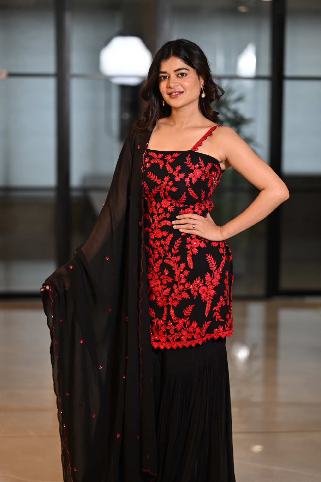 Red & Black Georgette Sharara Set with Hand Embroidery