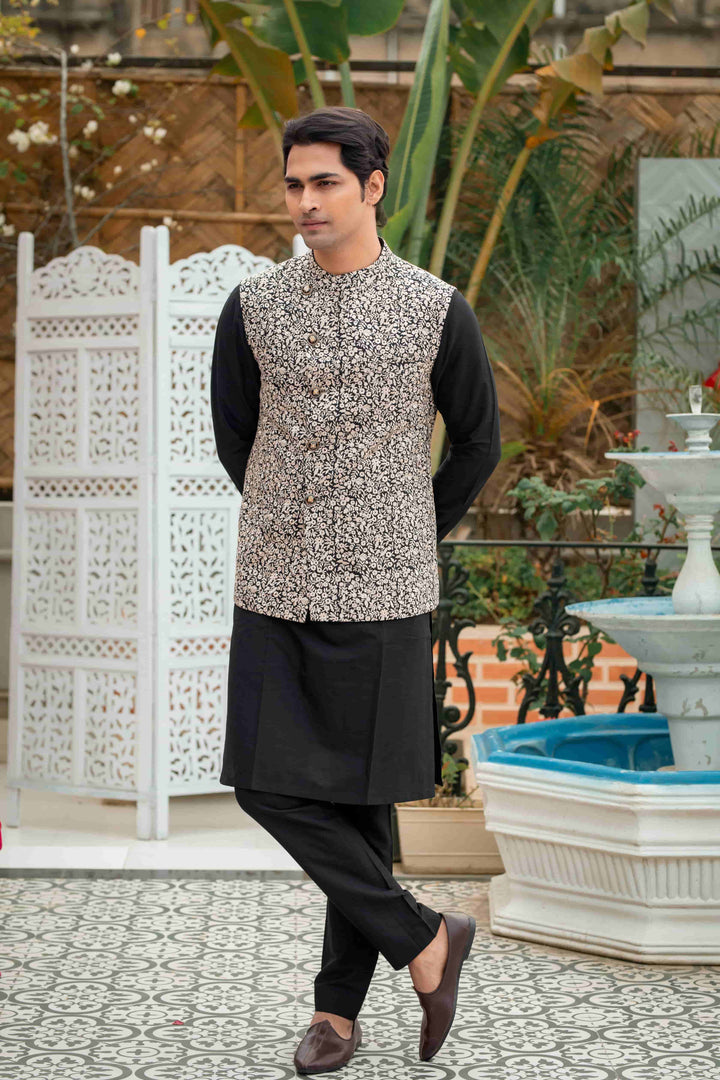 Black Silk Kurta Set With Embroidered Jacket