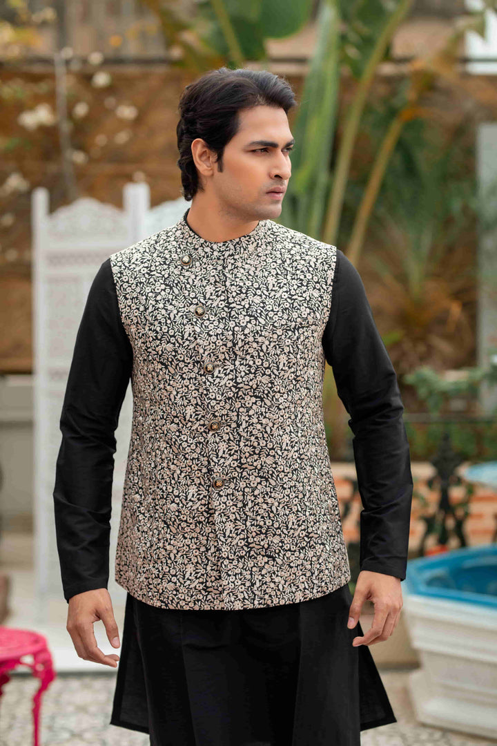 Black Silk Kurta Set With Embroidered Jacket