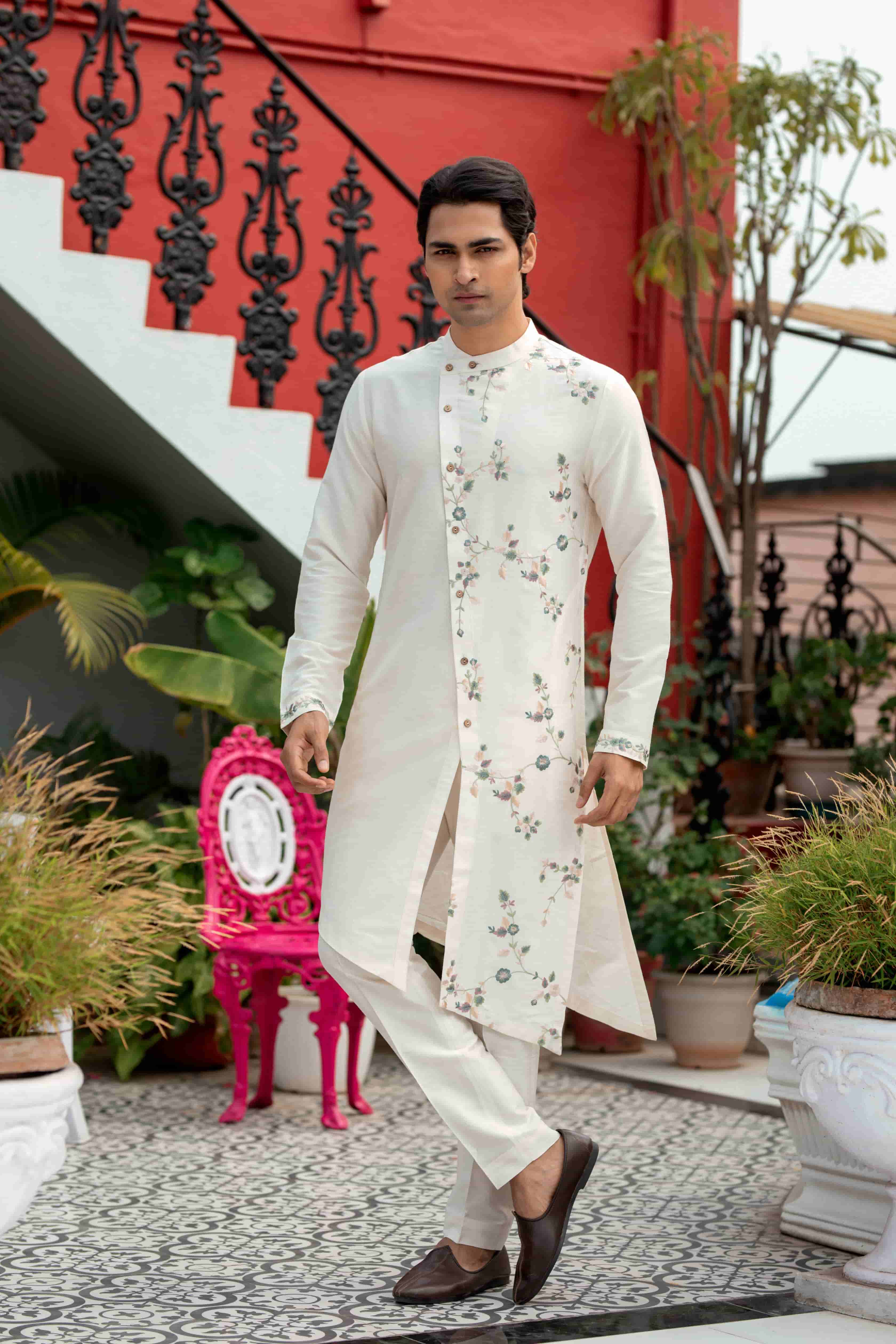 Ivory One-Side Floral Embroidered Kurta