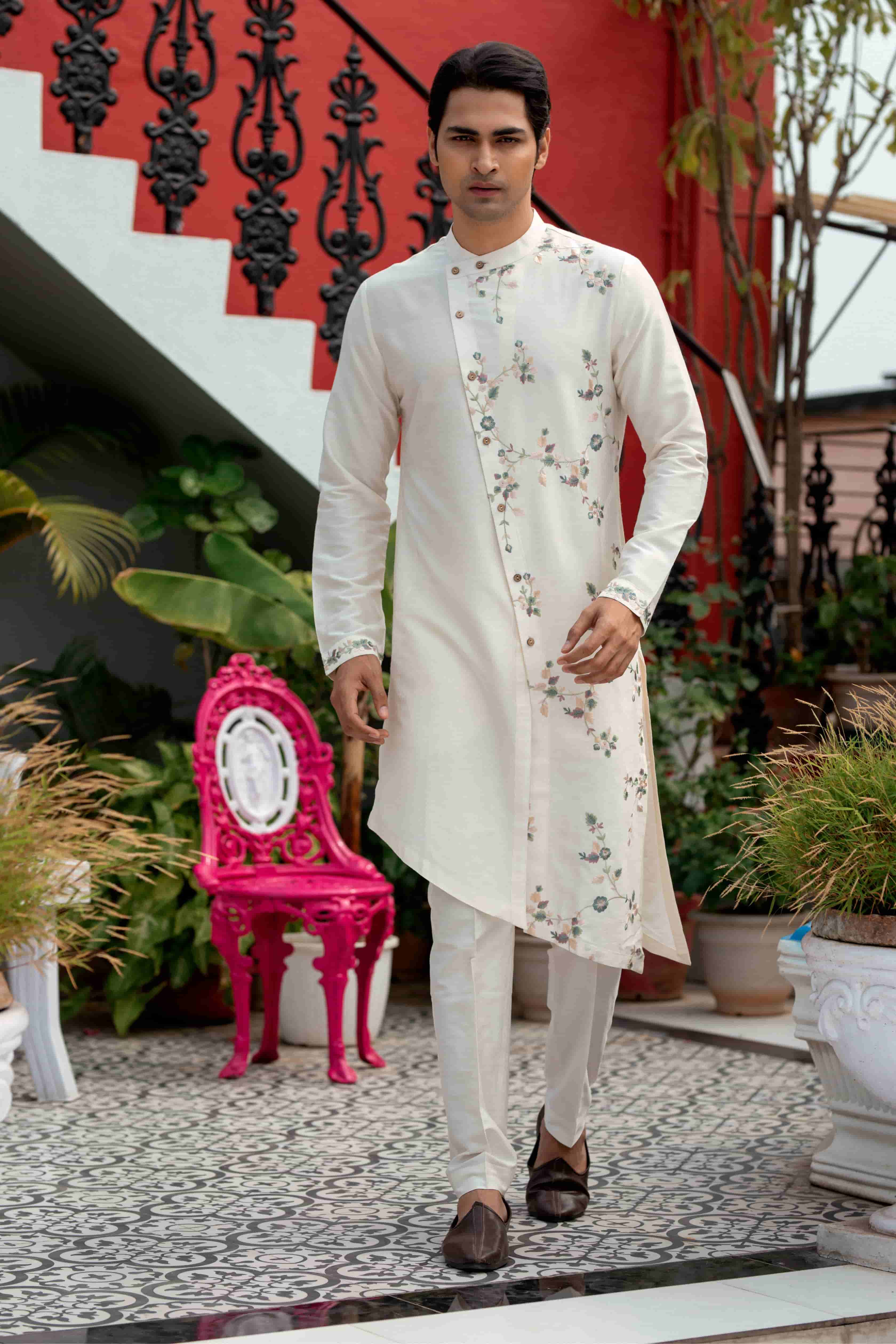 Ivory One-Side Floral Embroidered Kurta