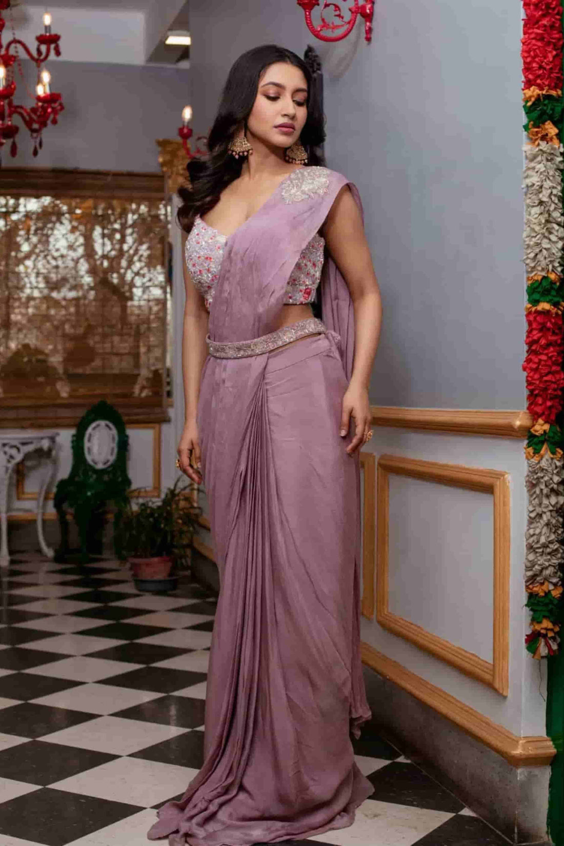 Dusky Mauve Multi Colour Embroidered Drape Saree