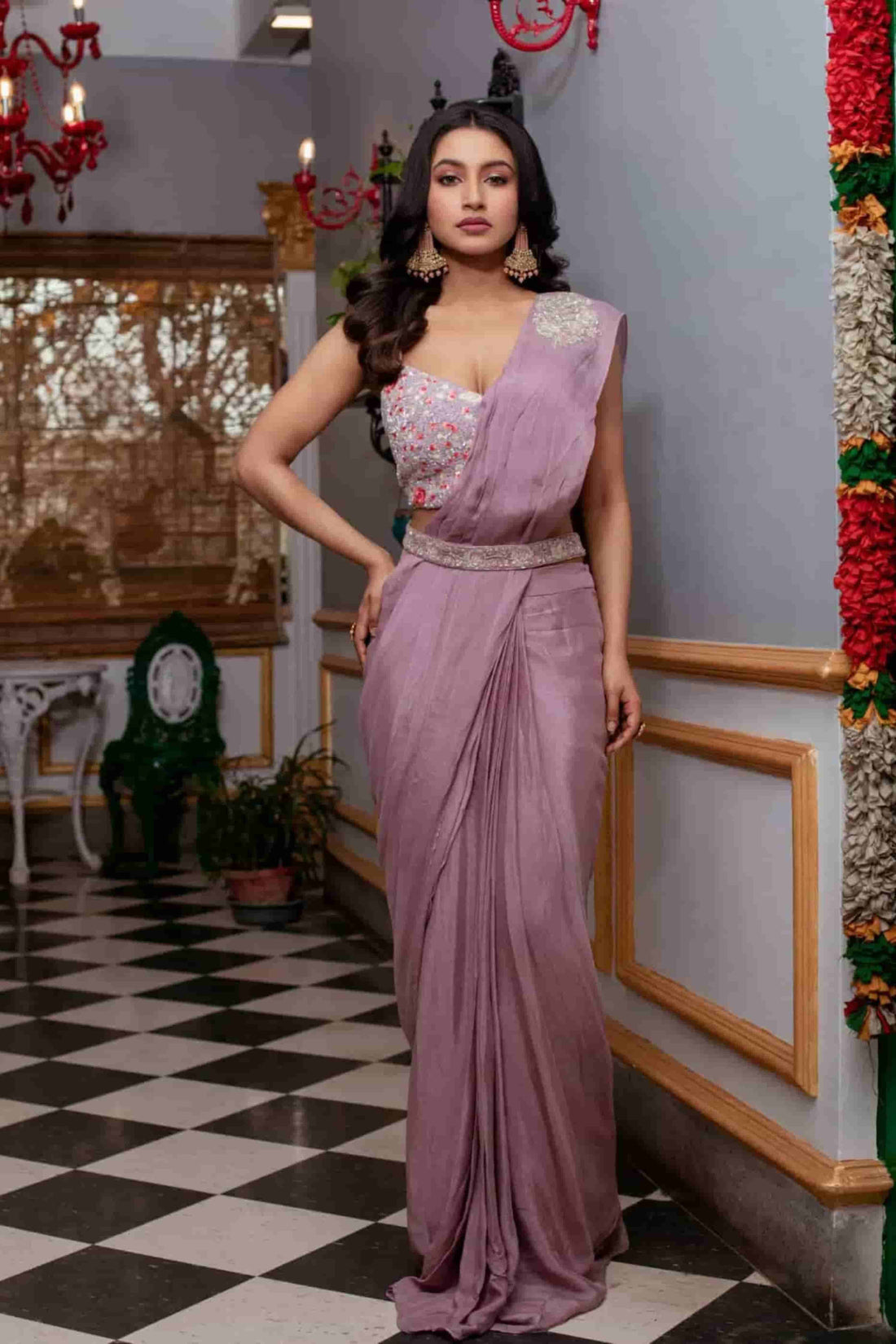 Dusky Mauve Multi Colour Embroidered Drape Saree