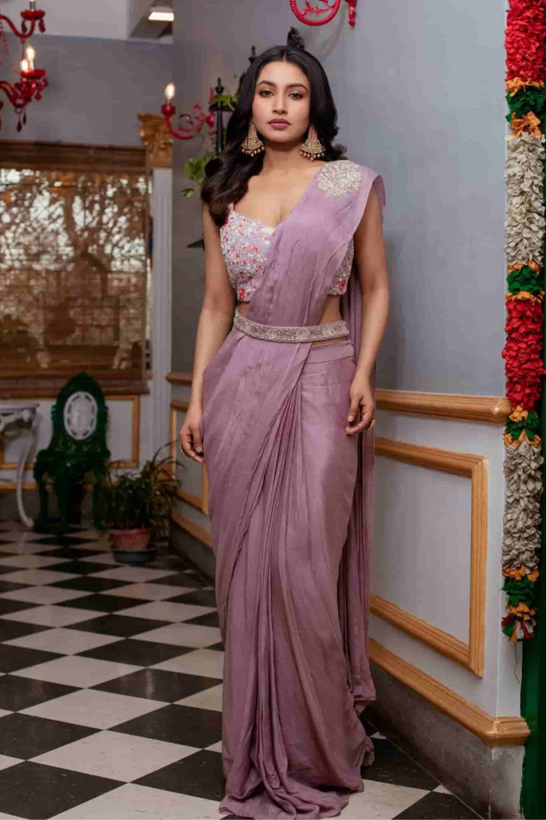 Dusky Mauve Multi Colour Embroidered Drape Saree