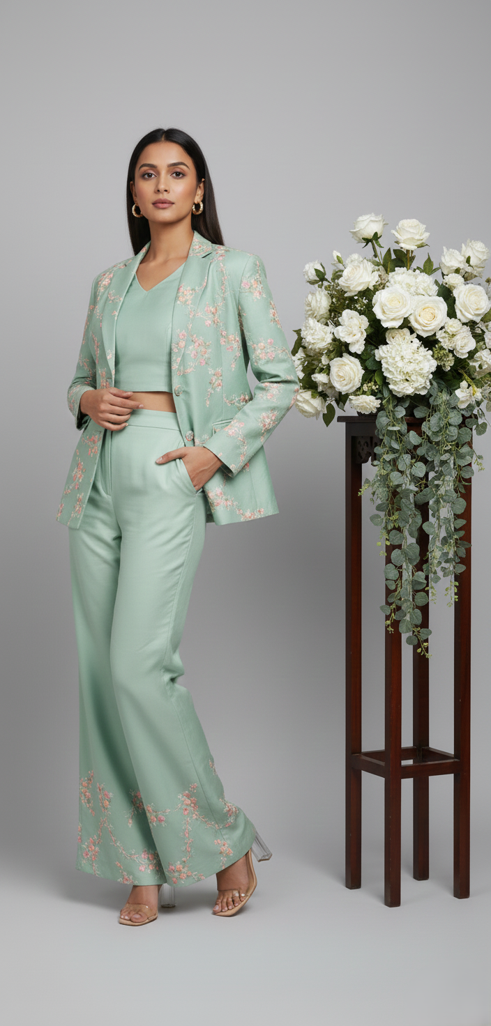 Cream Designer Co-ord Set for Women with Embroidered Bustier, Blazer, and Pants