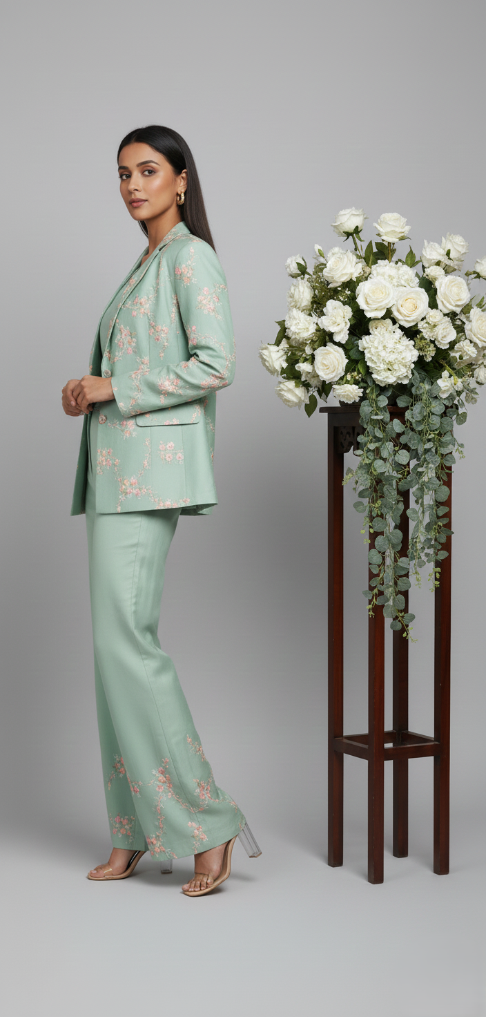 Cream Designer Co-ord Set for Women with Embroidered Bustier, Blazer, and Pants