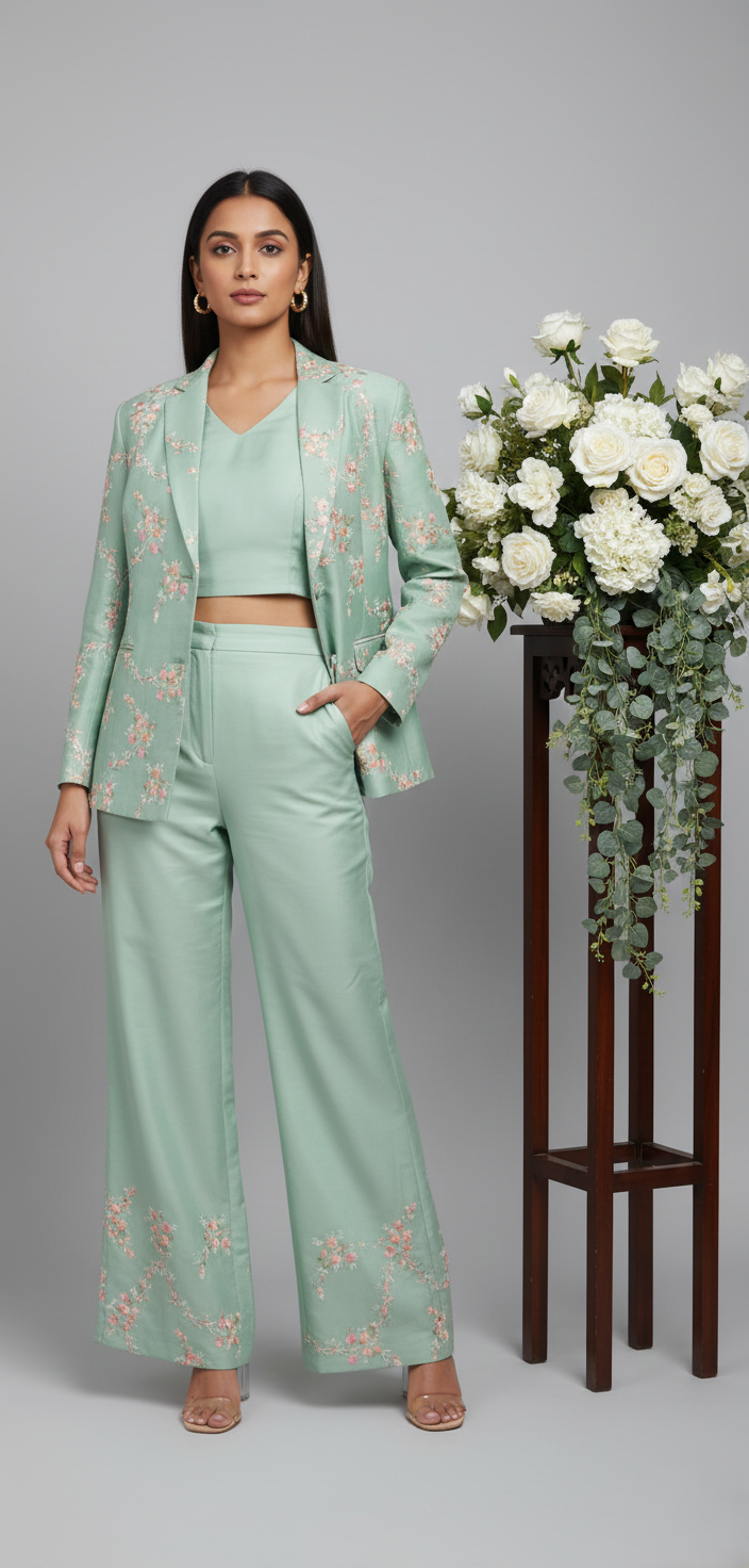 Cream Designer Co-ord Set for Women with Embroidered Bustier, Blazer, and Pants