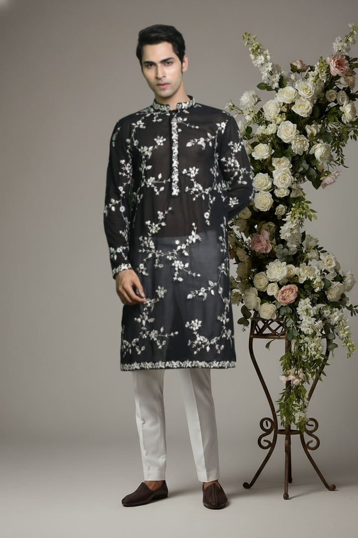 White & Black Viscose Kurta Set with Embroidered Detailing