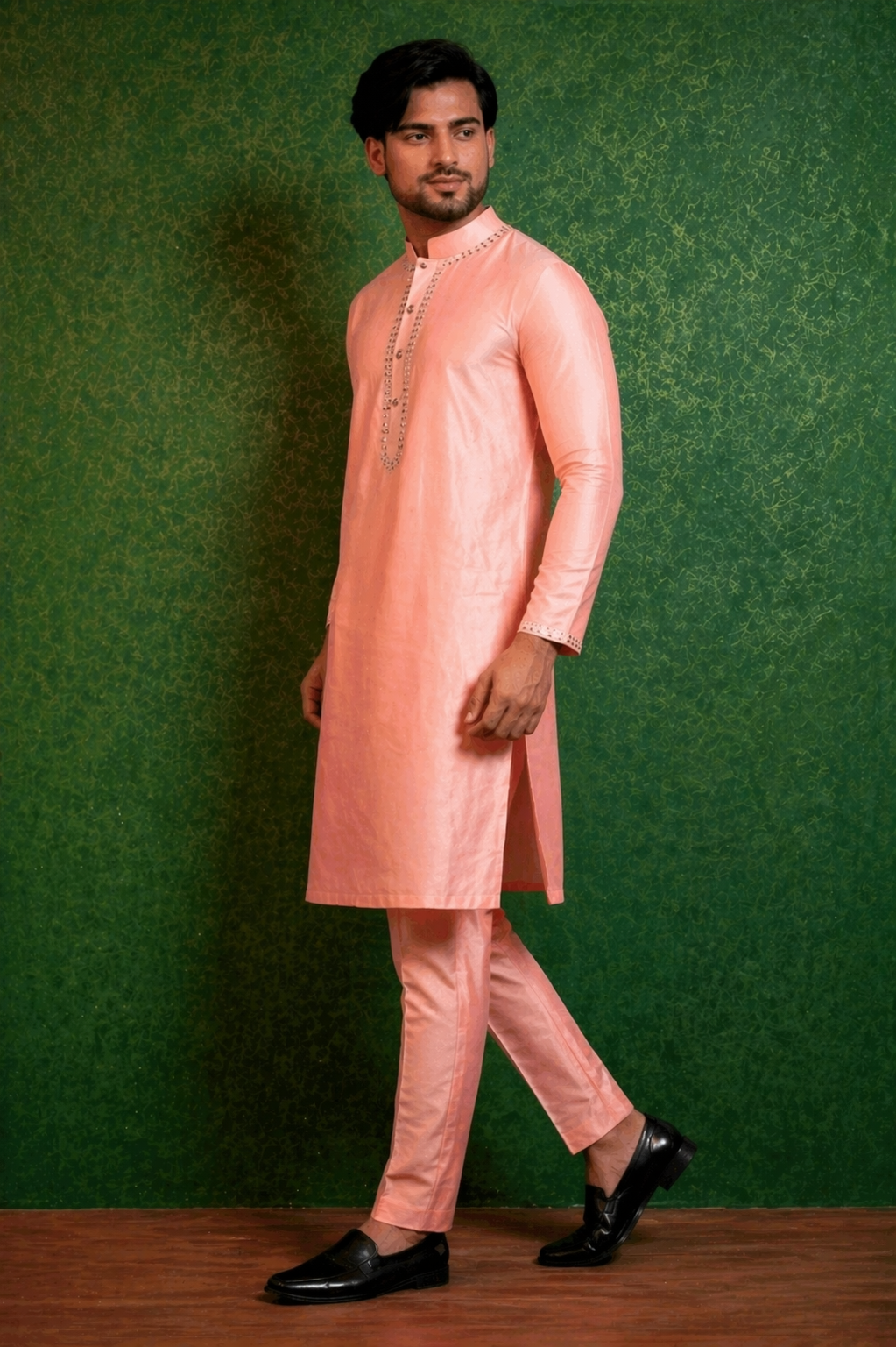 Pink Katan Silk Kurta Set with Pant and Mirror Work