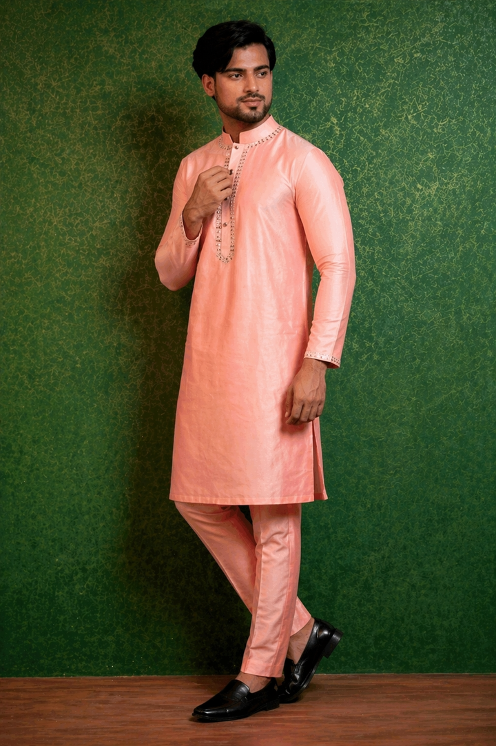 Pink Katan Silk Kurta Set with Pant and Mirror Work