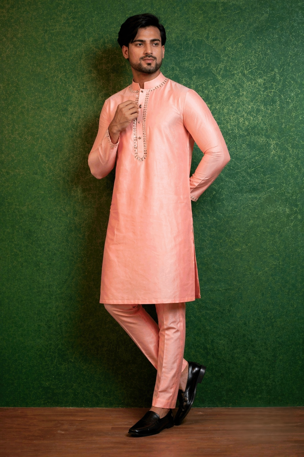 Pink Katan Silk Kurta Set with Pant and Mirror Work