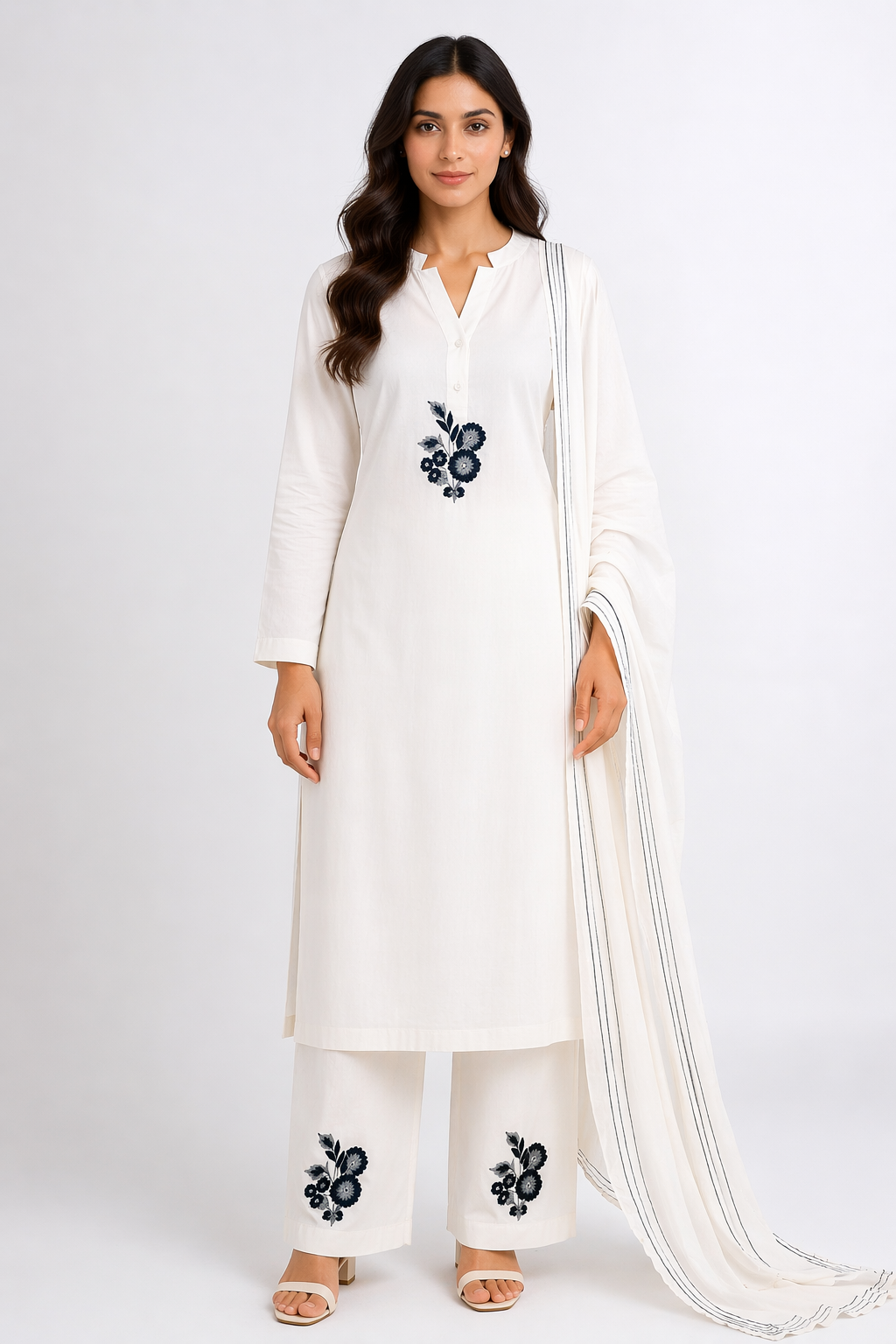 White Katan Silk Kurti Set with Pant & Chanderi Dupatta